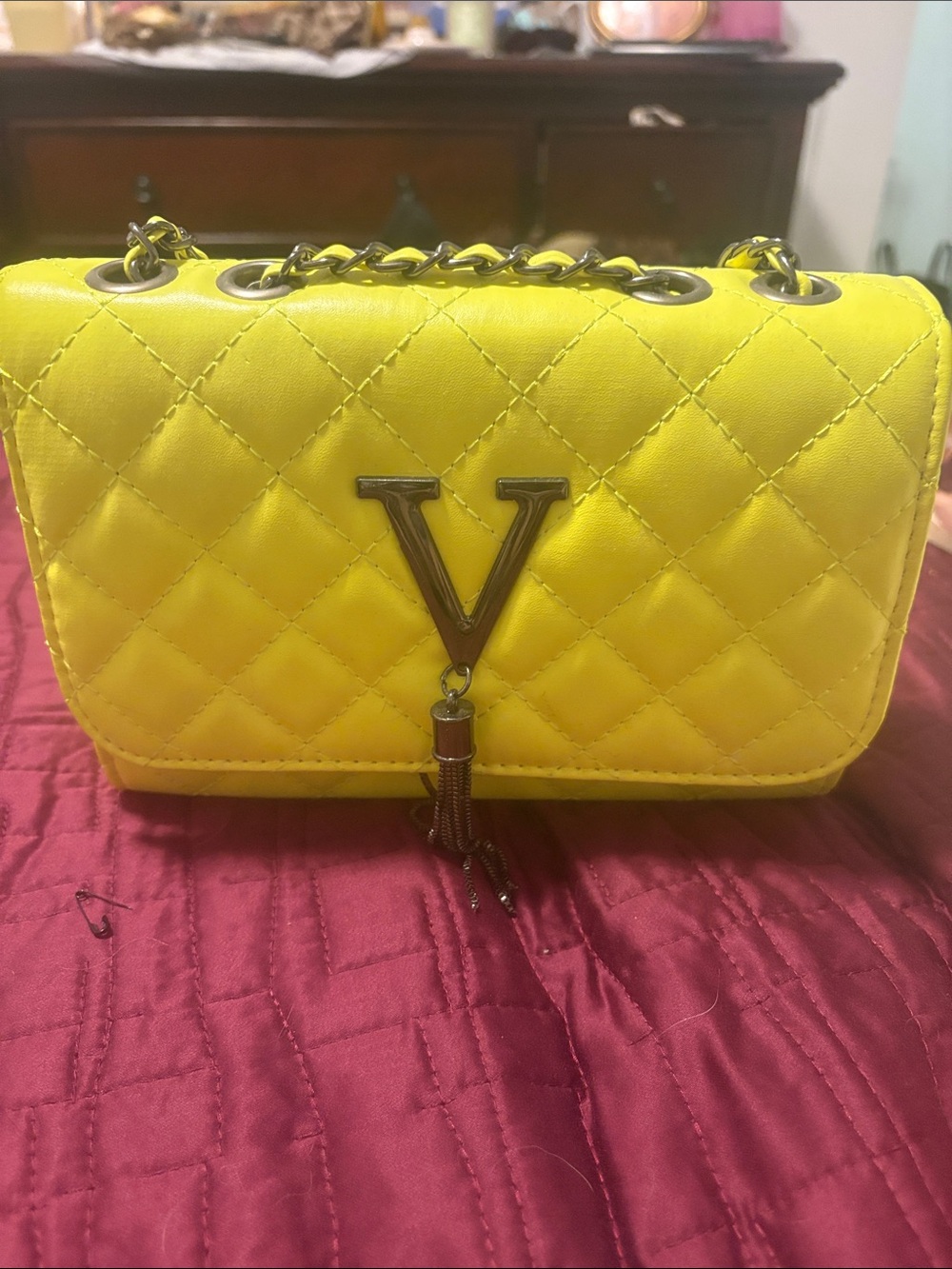 Yellow Quilted Chain-Handle Women's Shoulder Bag